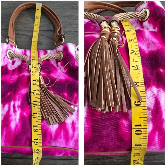 MICHAEL KORS MARINA Large Gathered Pink Tie-Dyed Canvas Drawstring Tassel Bag - Picture 14 of 16